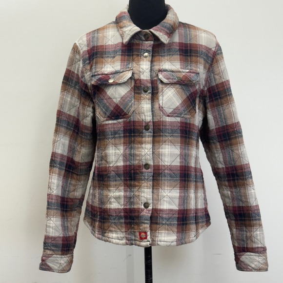 Dickies Quilted Plaid Flannel Shirt Jacket Womens Large Brown Red Size L - Picture 1 of 13